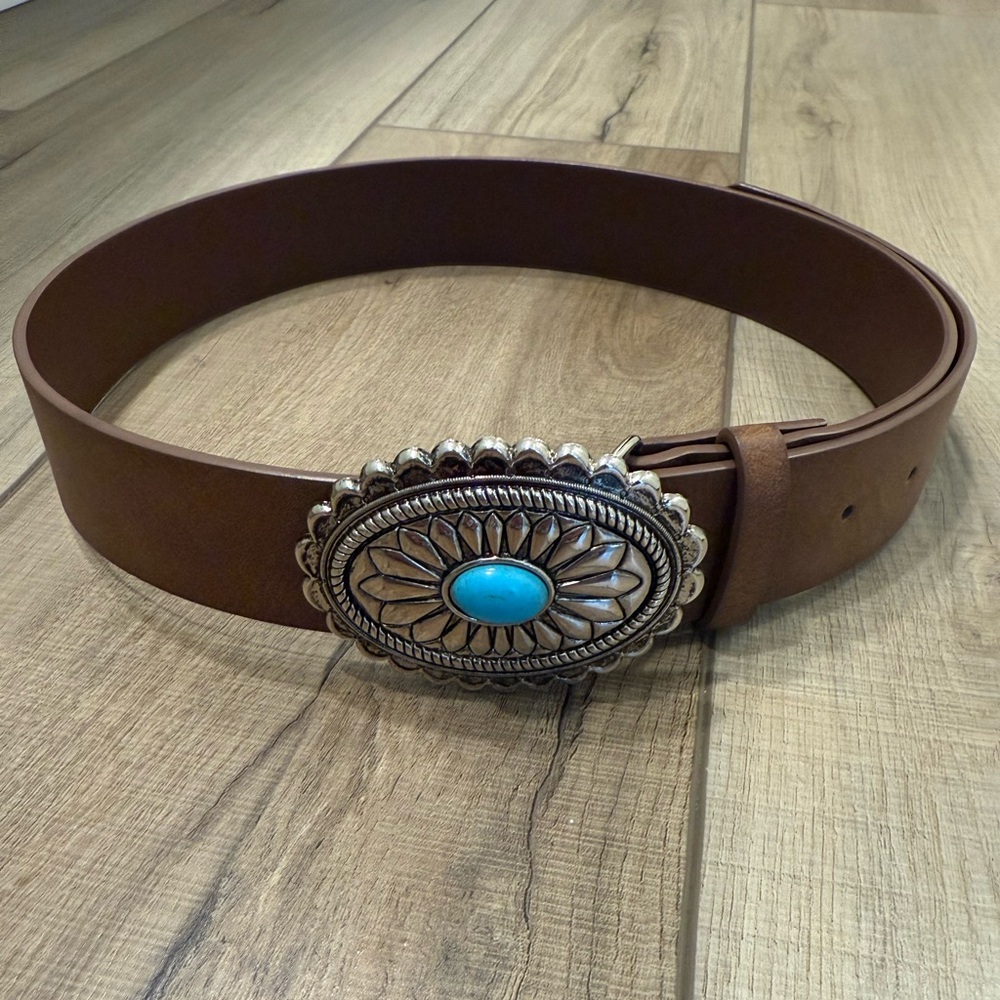 Brown Western Belt with Turquoise Buckle